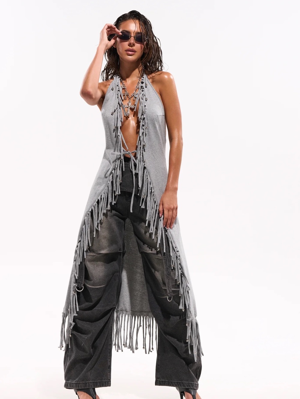 AKIRA Silver Gray Fringe Halter Sleeveless Long Vest